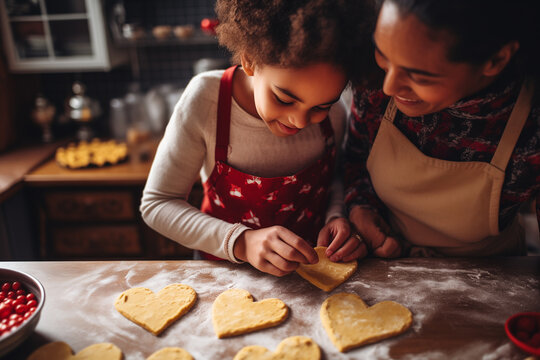 mother and daughter cooking cookies in kitchen. National Cookie Day - Powered by Adobe