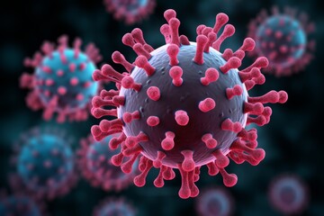 detailed 3D rendering of a virus with red spikes on a dark background, symbolizing a medical concept.