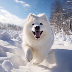 Joyful Samoyed Frolics in Snowy Meadow: A Photographer's Wide-Angle Capture