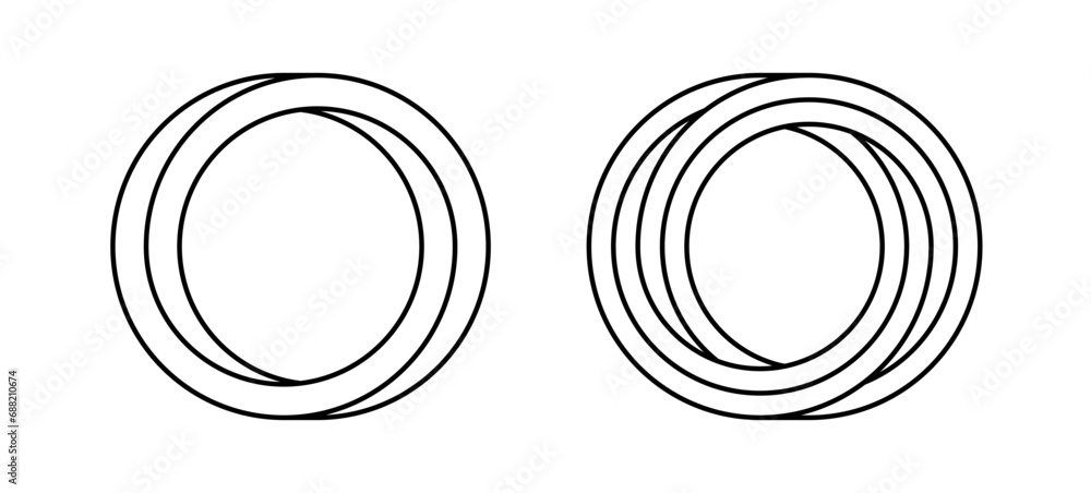 Poster Impossible circle shapes set. Line optical symbols. Outline mobius strips. Infinite loop objects. Abstract unreal geometric forms. Linear puzzle design elements for logo, icon, label, tag. Vector sign