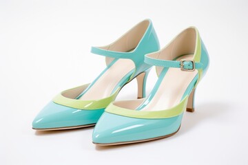 A pair of elegant patent leather high heels in pastel blue and green with an ankle strap, displayed on a white background.