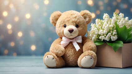 Obraz premium Cute funny teddy bear toy, with a bow, with bouquets of lily of the valley flowers romantic
