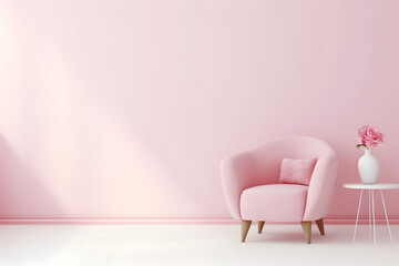 Interior home design. Minimalistic living room decoration. Pink color.
