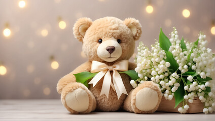 Cute funny teddy bear toy, with a bow, with bouquets of lily of the valley flowers concept