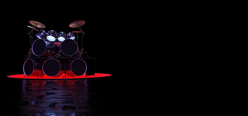 A huge and very cool drum kit stands on a podium in a dark space. An unusual huge drum kit. A demonic drum kit. 3D Render.