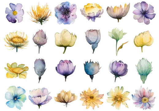 Vector watercolor painted flowers. Hand drawn flower design elements isolated on white background.