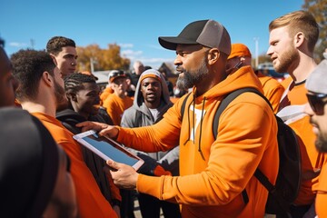 The coach discusses the game plan with the team members. Sports strategy, talking about teamwork, planning the game and training schedule. A group of athletes with a coach to talk about the game.