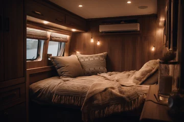 Foto op Plexiglas Convenient areas for road travel for family couple. Cosy like home travel transport concept. Interior of motor home camping car automobile furnishing decor of bedroom, comfortable modern caravan house © Valeriia