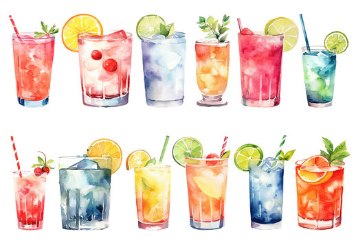 Vector watercolor painted cocktails clipart. Hand drawn design elements isolated on white background.