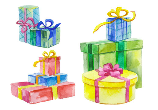 Watercolor painted collection of gift boxes. Hand drawn holiday design elements isolated on white background.