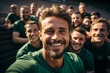 Cheerful coach taking selfie with his pupils. The concept of sport, friendship and healthy lifestyle. Group of happy people taking selfie outdoors. - obrazy, fototapety, plakaty