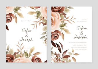 Beige and brown rustic rose floral wedding invitation card template set with flowers frame decoration