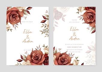 Beige and brown rustic rose beautiful wedding invitation card template set with flowers and floral