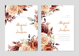 Beige and brown rustic rose artistic wedding invitation card template set with flower decorations