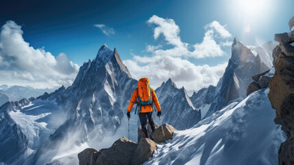 Mountaineer navigates steep rocky ridge with colorful gear against vibrant alpine panorama confident and precise alpinism - obrazy, fototapety, plakaty