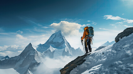 Naklejka na ściany i meble Lone mountaineer triumphs on snowy peak