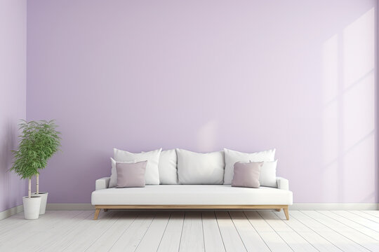 An image of a room with a pastel lavender-colored wall, a sofa and two plants. Copy space