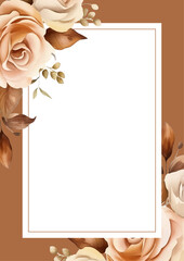 Brown white and beige rustic watercolor hand painted background template for Invitation with flora and flower