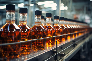 Brewery conveyor glass cognac drink alcohol bottles, modern production line. Manufacturing bottling drinks bottling plant. Factory for the production of liquor. Blurred background. Selective focus. - obrazy, fototapety, plakaty