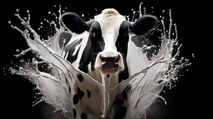 Splashes of milk fly on a milky white poster with the image of cows and many details. Nice background. - obrazy, fototapety, plakaty