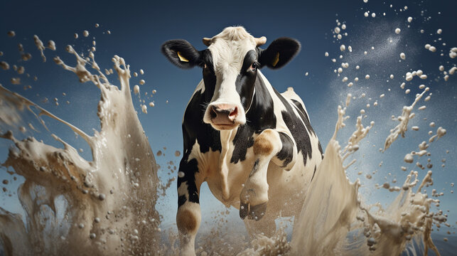 Splashes of milk fly on a milky white poster with the image of cows and many details. Nice background.
