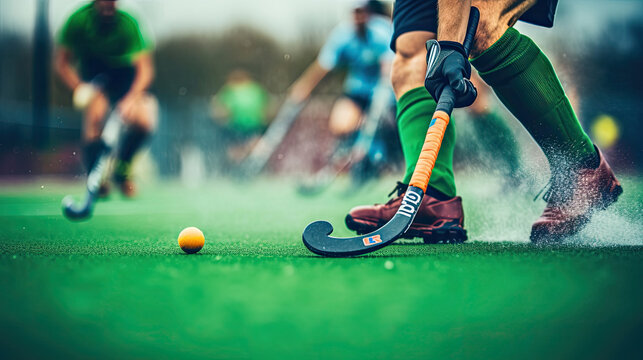 Field hockey player dribbling past defenders on artificial turf