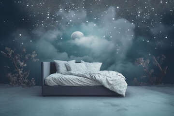 A surreal bedroom scene with a starry night sky and a floating moon above the bed