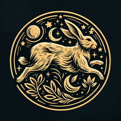 Golden Celestial Rabbit Illustration in Art Nouveau Style

