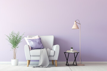 An image of a room with a pastel lavender-colored wall, an arm-chair with a soft blanket, and a small table and a plant to the side. Copy space