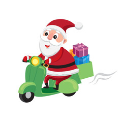 Cute cartoon style illustration of Santa Claus on a scooter