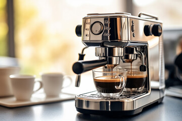 espresso machine making coffee for breakfast - obrazy, fototapety, plakaty