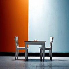Modern and Minimal Dining Room with Bright Orange and Blue Walls