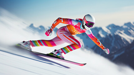 Intense ski jumper takeoff with vibrant gear - obrazy, fototapety, plakaty