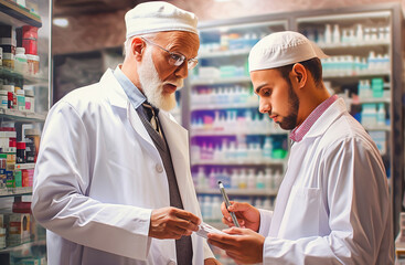 Fototapeta na wymiar Two doctors talking in a drugstore. An adult doctor is advising a younger colleague.
