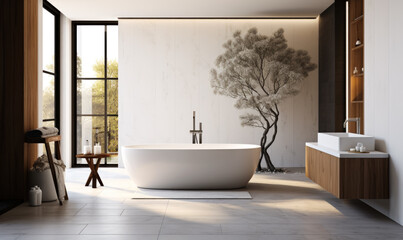 Within a minimalistic bathroom setting, there's a modern white tub.