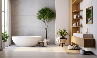 In a minimalist bathroom interior, there's a contemporary white tub.