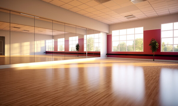 A vacant dance space featuring a hardwood floor and a mirror.