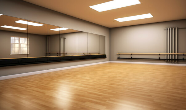 A dance area devoid of people, furnished with a hardwood floor and a mirror.