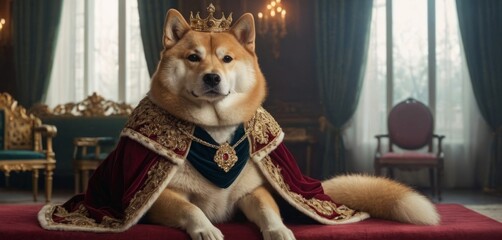 A Shiba Inu dog is the king adorned with a crown and royal attire sits regally on a throne, exuding nobility and majesty in a luxurious setting. Shiba Inu dog dressed in a royal costume with a crown - obrazy, fototapety, plakaty