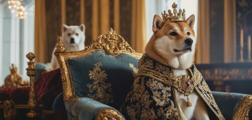 A Shiba Inu dog is the king adorned with a crown and royal attire sits regally on a throne, exuding nobility and majesty in a luxurious setting. Shiba Inu dog dressed in a royal costume with a crown - obrazy, fototapety, plakaty