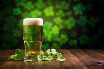 Glass of beer and clovers on wooden table, St.Patrick day, generative ai