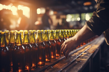 Row of glass bottles with beer on a table in a pub, fest bar with people on background. Concept of beer with friends and beer festival time spending - obrazy, fototapety, plakaty