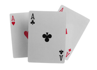 Flying playing card for poker and gambling, three aces isolated on white, clipping path