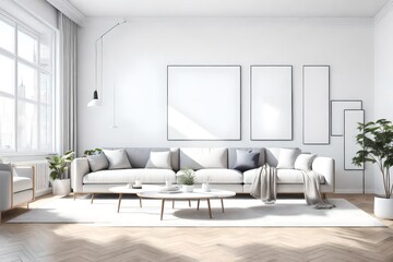 Fototapeta premium Interior of a white minimalist living room with sofa, art of a large wall, wooden floor and white landscape beyond the window