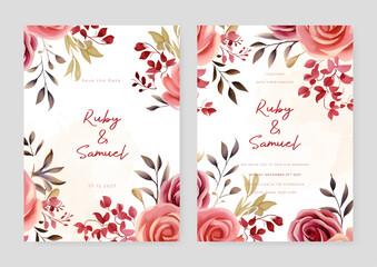 Red and pink rose vector wedding invitation card set template with flowers and leaves watercolor
