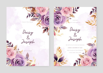 Pink and purple violet rose artistic wedding invitation card template set with flower decorations
