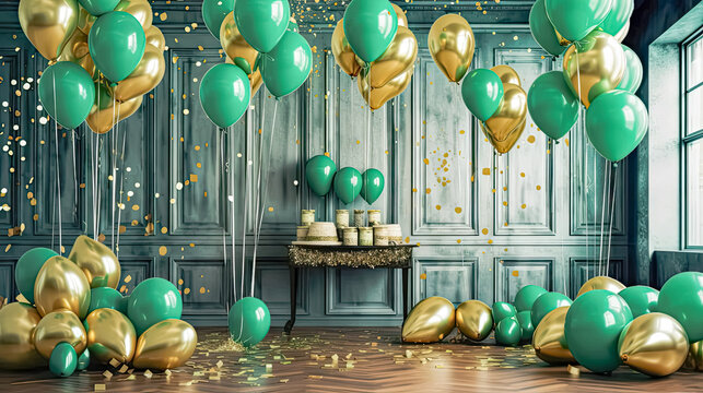 Balloon cascade, Green and gold hues a vibrant background, perfect for St. Patricks Day photo sessions, radiating the joy of the holiday.