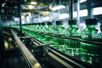 Liquid production conveyor glass bottles modern production line. Blurred background. Selective focus. Bottling plant production process essential goods. Factory for manufacturing of pure water supply