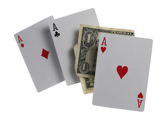 Flying playing card for poker, three aces and one dollar bill isolated on white, clipping path