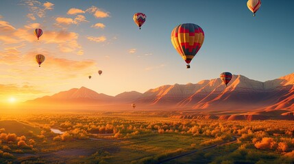 Naklejka premium balloons in focus, mountains blurred in the background this draws attention to the bright colors and shapes of the balloons